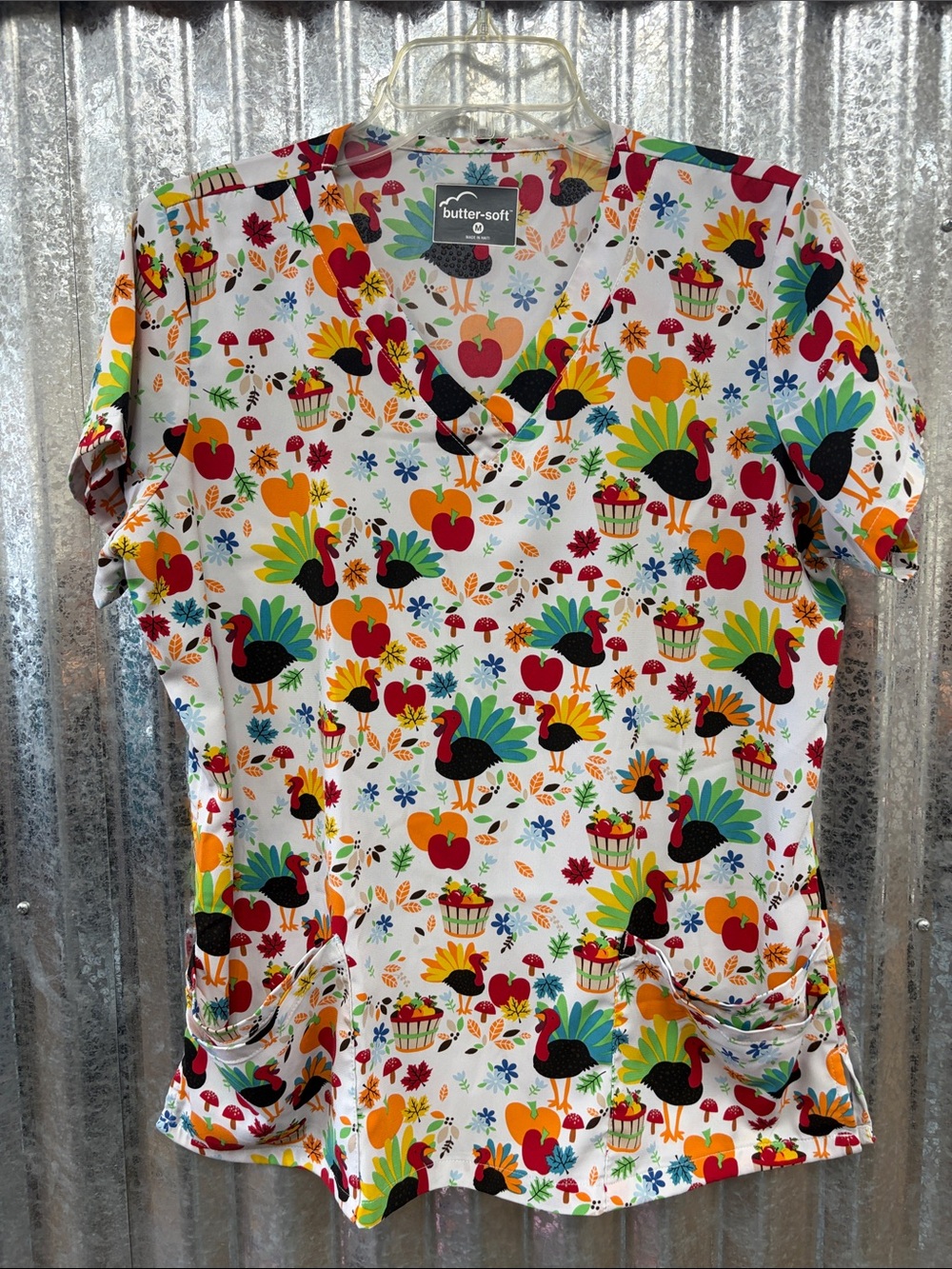 Butter Women's V-Neck Scrub Top in White with Multicolor Fruit & Bird Print